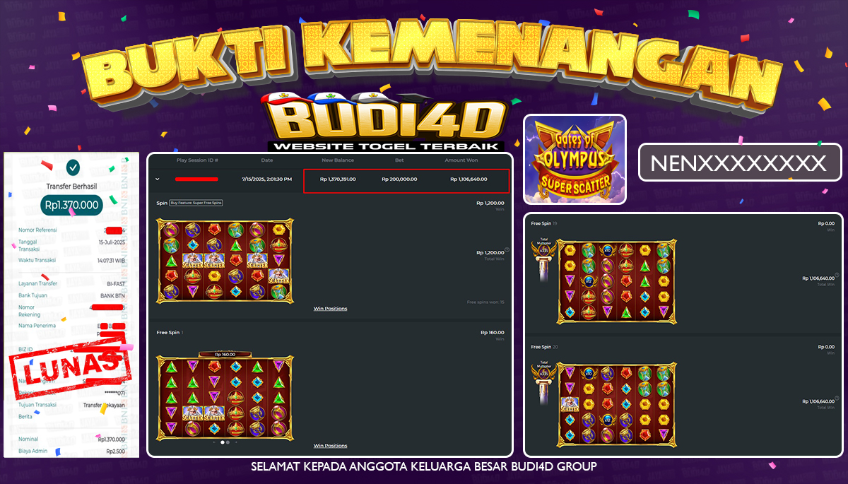 BUDI4D JACKPOT SLOT PRAGMATIC GATES OF OLYMPUS SUPER SCATTER Rp.1.370.000,- LUNAS